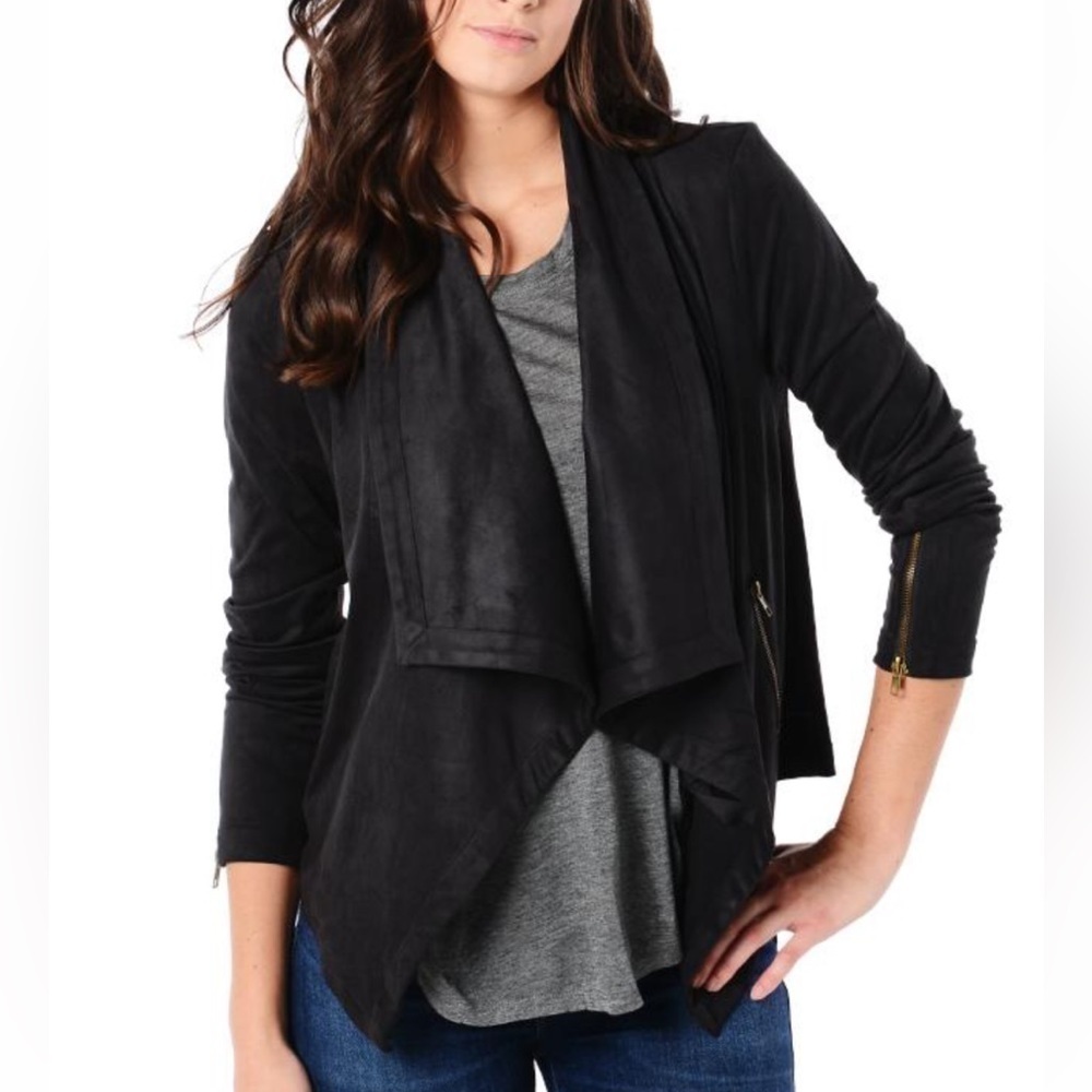 Cupcake And Cashmere Black Drape Faux Suede Zippers Jacket